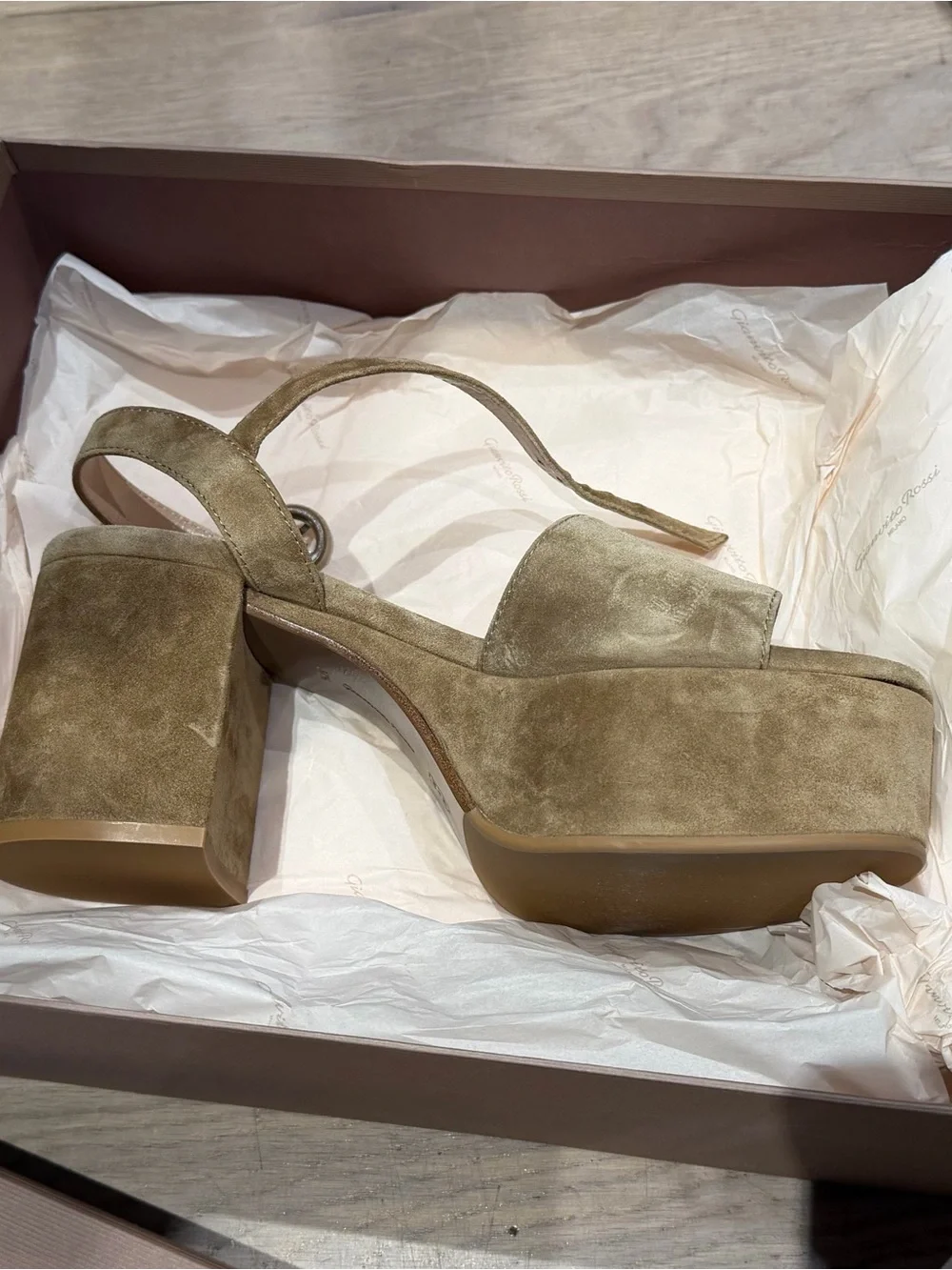 Gianvito Rossi “Carol “ Tan suede platform sandals